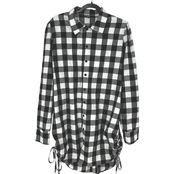 & Other Stories Tops - Black White Buffalo Check Plaid Womens Tunic Top XL Ruched Sides Cozy Cabincore